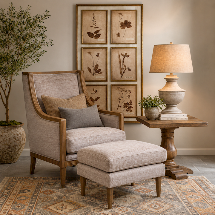 STONE ARM CHAIR AND FOOTSTOOL 75x88x98cm